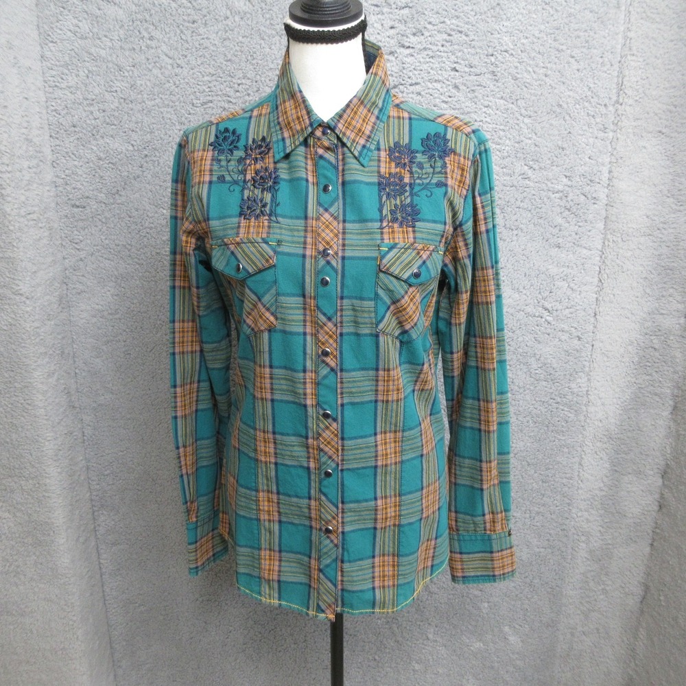 Cowgirl Up Western Shirt Women S Green Plaid Cotton Embroidered Snap Cowgirlcore